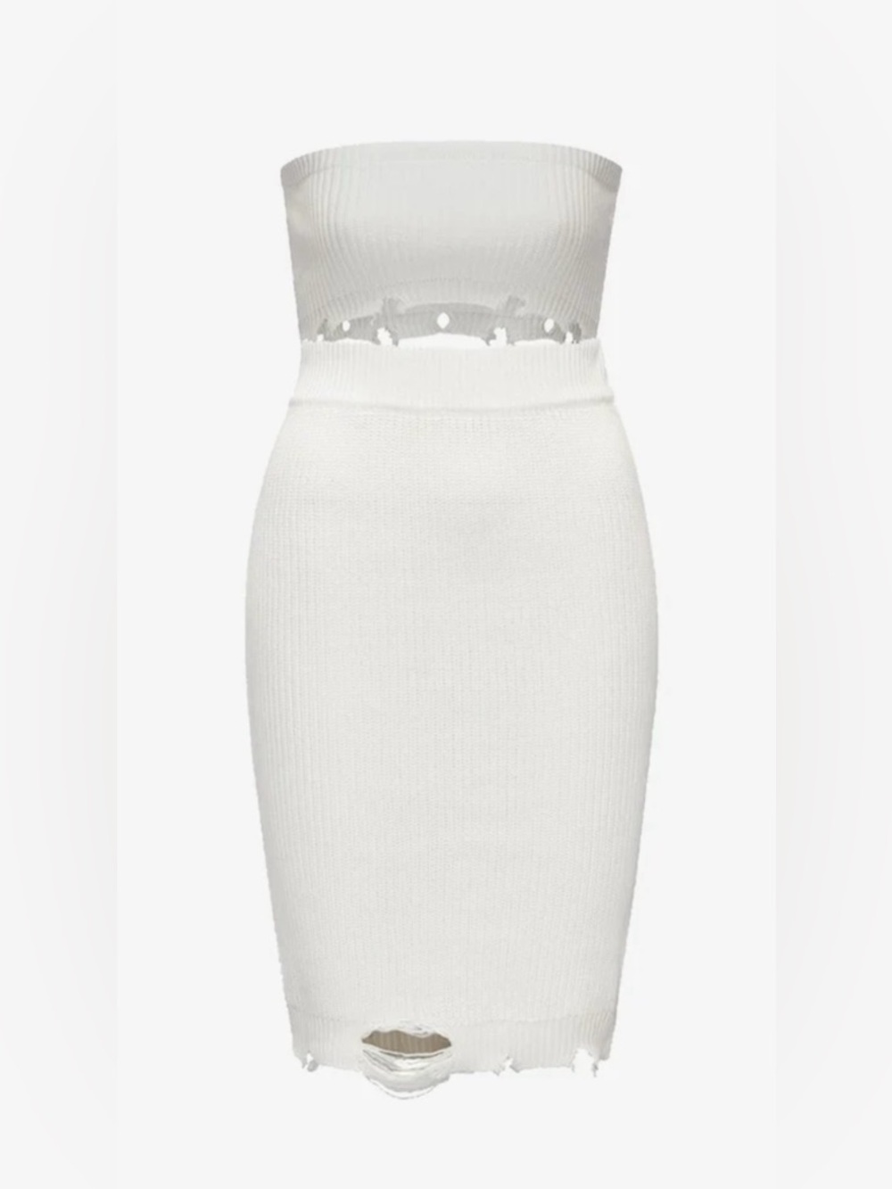 SER.O.YA White Ribbed Distressed Knit Cotton Skirt and Crop Top in White. S. NEW